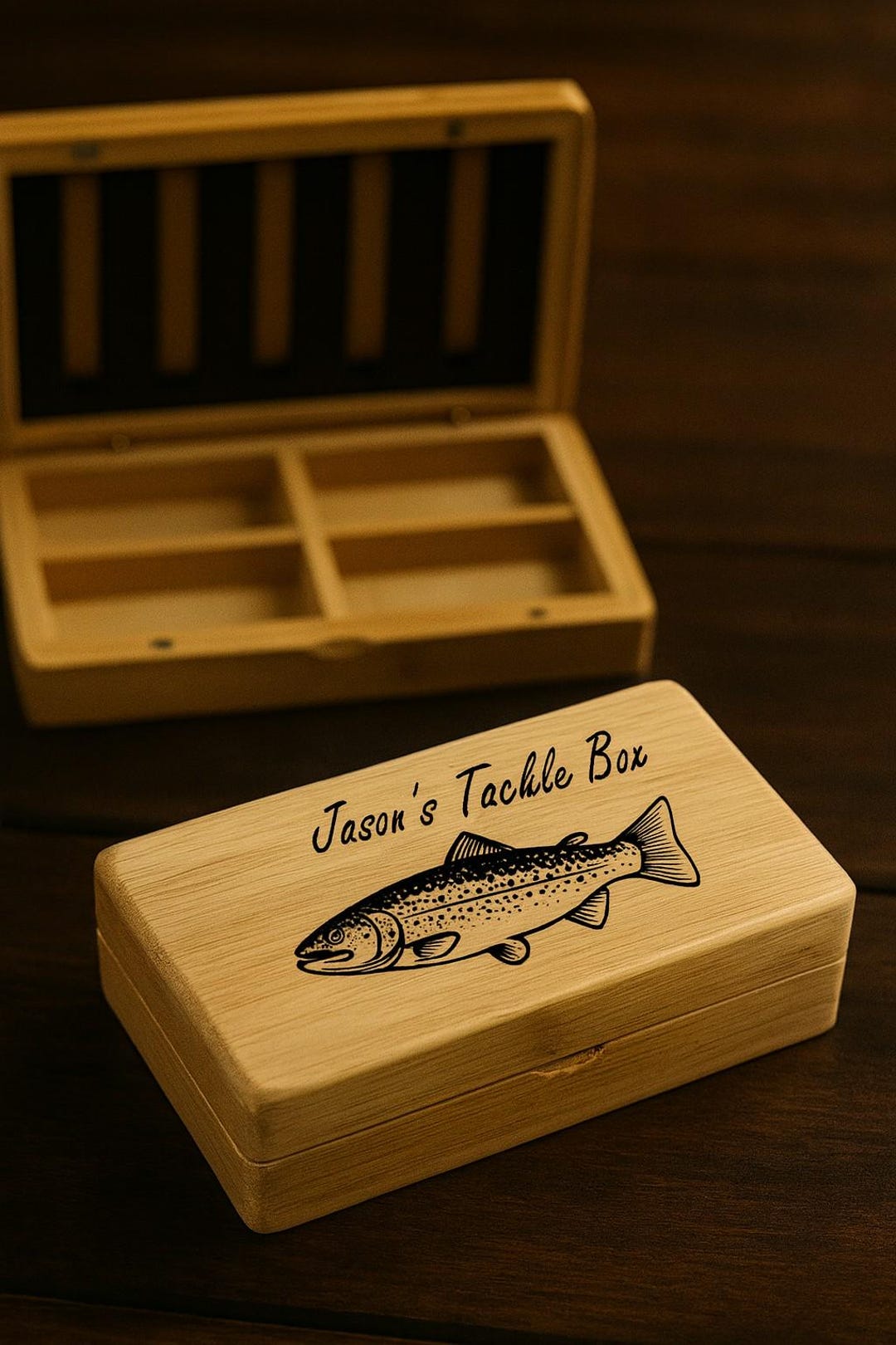 Engraved Fishing Tackle Box for Dad – Personalized Wooden Fishing Box ...