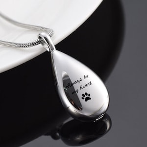 May include: Silver teardrop-shaped pendant necklace with a chain. The pendant has the words "Always in my heart" engraved on it, along with a paw print.
