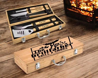 Personalized BBQ Tools – 5 Piece Grill Set with Custom Wooden Handles – Outdoor Cooking Gift for Dad, Him, Husband, Chef
