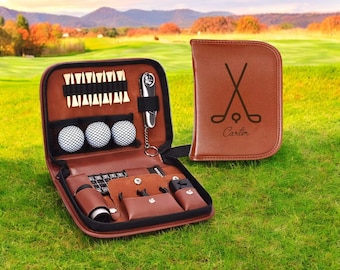 Leather Golf Accessory Set - Divot Tool, Knife, Wrench, Ball Marker, Brush, Keychain, Score Pen, Golf Balls, Range Finder, Golf Tees - U6