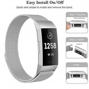 May include: A silver metal watch band with a clasp that is easy to install and remove. The band is compatible with Fitbit Inspire 2 and Inspire HR smartwatches. The image shows the band on a smartwatch with the time 12:58 and a heart rate of 103.