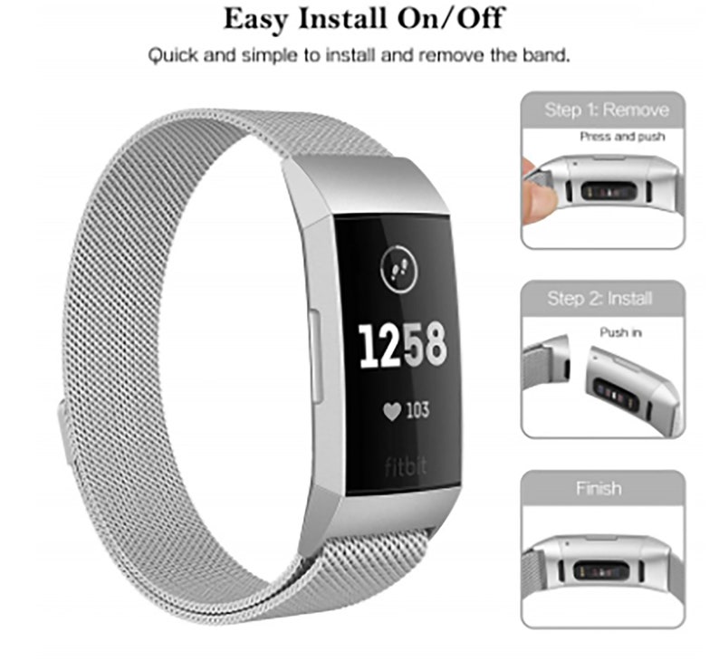 May include: A silver metal watch band with a clasp that is easy to install and remove. The band is compatible with Fitbit Inspire 2 and Inspire HR smartwatches. The image shows the band on a smartwatch with the time 12:58 and a heart rate of 103.