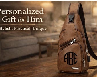Personalized PU Leather Sling Bag for Men – Monogram Crossbody Travel Satchel