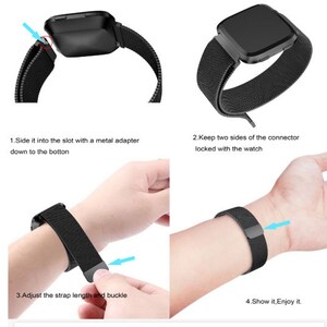 May include: A black smartwatch with a black mesh band is shown in several steps. The images show how to attach the band to the watch and adjust the strap length. Text in the image reads: "Side it into the slot...", "Keep two sides of the connector...", "Adjust the strap length and buckle", and "Show it, Enjoy it."