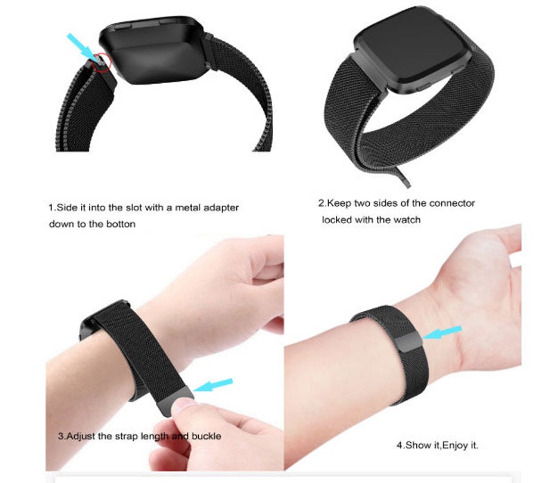 May include: A black smartwatch with a black mesh band is shown in several steps. The images show how to attach the band to the watch and adjust the strap length. Text in the image reads: "Side it into the slot...", "Keep two sides of the connector...", "Adjust the strap length and buckle", and "Show it, Enjoy it."