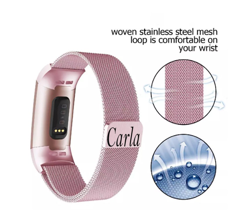 May include: A rose gold metal watch band with a woven stainless steel mesh loop. The band has a personalised nameplate that says "Carla".