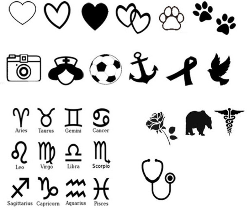 K&ouml;nnte beinhalten: Schwarz-wei&szlig;e Illustrationen verschiedener Symbole, darunter Herzen, Pfotenabdr&uuml;cke, eine Kamera, eine Krankenschwesterm&uuml;tze, ein Fu&szlig;ball, ein Anker, ein Band, eine Taube, Sternzeichen, eine Rose, ein B&auml;r, ein medizinisches Symbol und ein Stethoskop.