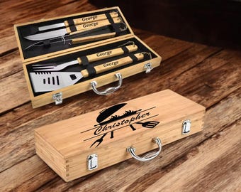 5-Piece Wooden BBQ Set – Personalized Grill Tools in Case – Custom Gift for Men, Dad, Husband, Grill Master