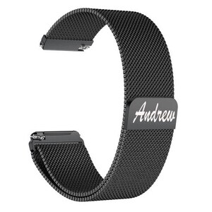 May include: A black mesh watch band with the name "Andrew" in white script. The band is made of a fine, woven material and has a magnetic clasp. The band is designed to fit a smartwatch or similar device.