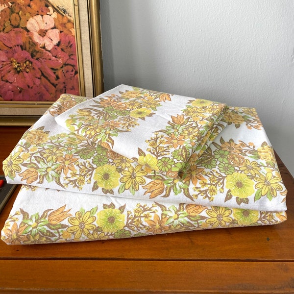 Vintage Yellow Floral Single Bed Sheet Set w/ Matching Pillowcase / Craft Fabric