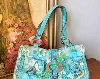 Y2K Guess Style Vintage Handbag | Retro Blue Flower Power Design