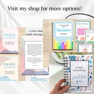 Puede incluir: Dos portadas diferentes de un libro de supervivencia para la universidad con un dise&ntilde;o abstracto rosa y azul. El libro tiene el texto "COLLEGE survival book" y "Peek inside for a year full of fun!"  Una tarjeta con un dise&ntilde;o floral y el texto "A little something just for you". Una tarjeta con un arco&iacute;ris de l&aacute;pices de colores y el texto "A special gift for a fantastic teacher!"  Una tarjeta con el texto "WHEN YOU NEED something sweet" y una tarjeta con el texto "when you need some classroom supplies".