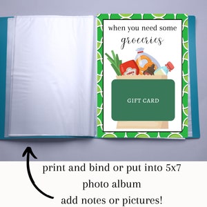 May include: A printable gift card design featuring a green grocery bag with a gift card inside. The bag is filled with groceries, including a loaf of bread, a bottle of ketchup, a bunch of green onions, and a bottle of water. The text on the card reads "when you need some groceries".
