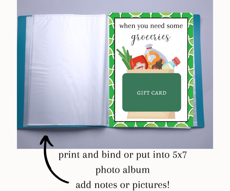 May include: A printable gift card design featuring a green grocery bag with a gift card inside. The bag is filled with groceries, including a loaf of bread, a bottle of ketchup, a bunch of green onions, and a bottle of water. The text on the card reads "when you need some groceries".