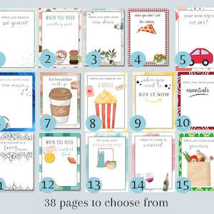 May include: A collection of 15 illustrated cards with various themes, including "spoil yourself," "something sweet," and "new decor." Each card features text and related imagery, such as a car, pizza, and popcorn. The text "38 pages to choose from" is at the bottom.