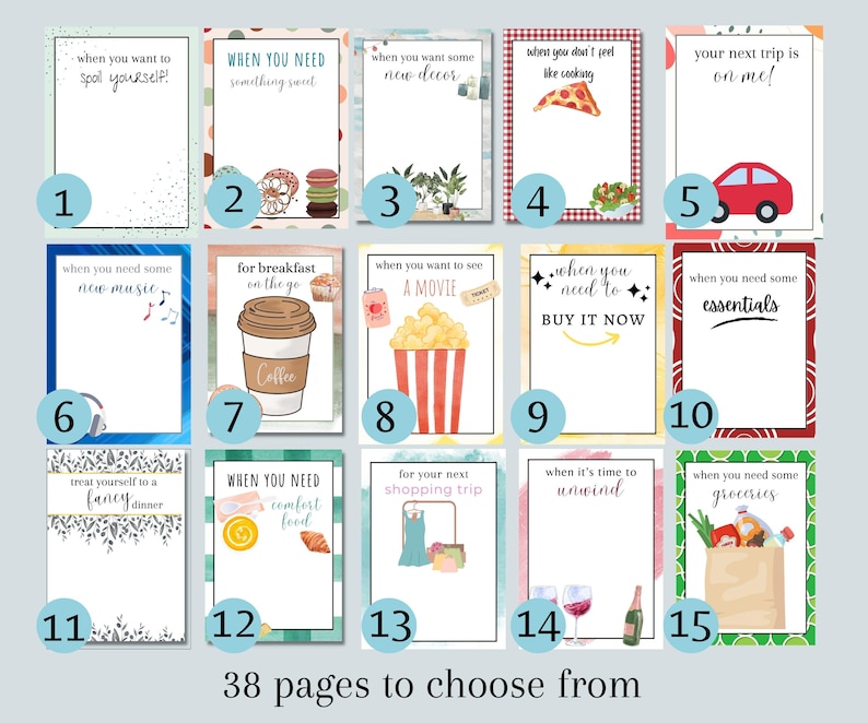 May include: A collection of 15 illustrated cards with various themes, including "spoil yourself," "something sweet," and "new decor." Each card features text and related imagery, such as a car, pizza, and popcorn. The text "38 pages to choose from" is at the bottom.