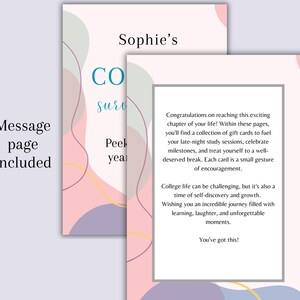May include: A greeting card with a pink, purple, and teal design. The card includes the text "Sophie's" and "CO surv Peek yea". The message page includes text congratulating the recipient and wishing them well.