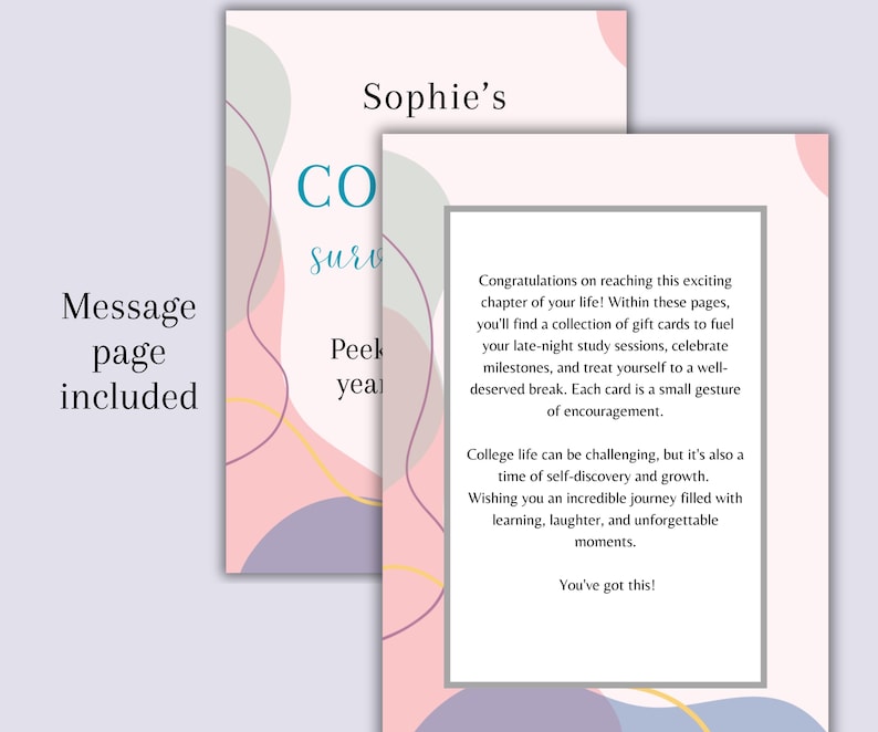 May include: A greeting card with a pink, purple, and teal design. The card includes the text "Sophie's" and "CO surv Peek yea". The message page includes text congratulating the recipient and wishing them well.