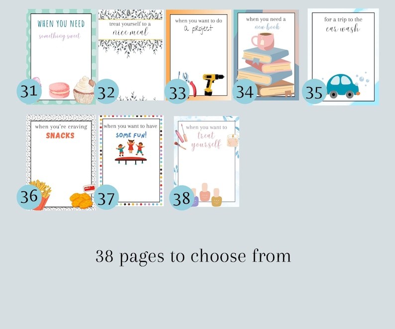 May include: A collection of 8 illustrated cards with various themes, including "When You Need Something Sweet," "Treat Yourself to a Nice Meal," and "When You Want to Do a Project." Each card features a unique design and accompanying illustrations, such as a cupcake, tools, and a car. The text "38 pages to choose from" is also present.