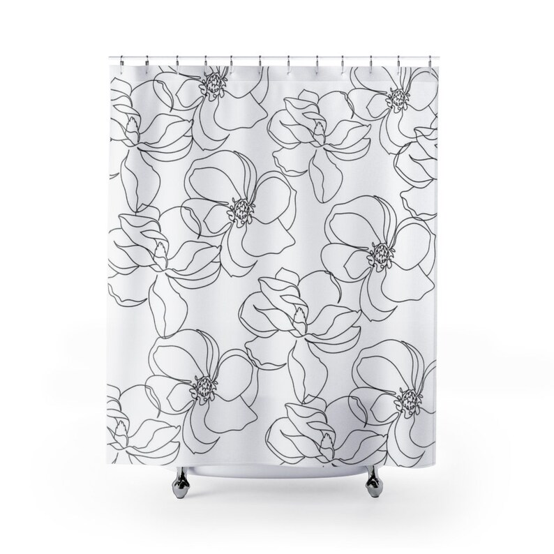 Black and White Floral Shower Curtain Magnolia Flower Home Etsy