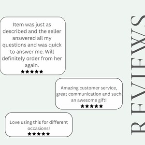 May include: Image features customer reviews in white text boxes with rounded corners. The reviews include phrases like "Item was just as described" and "Amazing customer service." The word "REVIEWS" is written vertically.