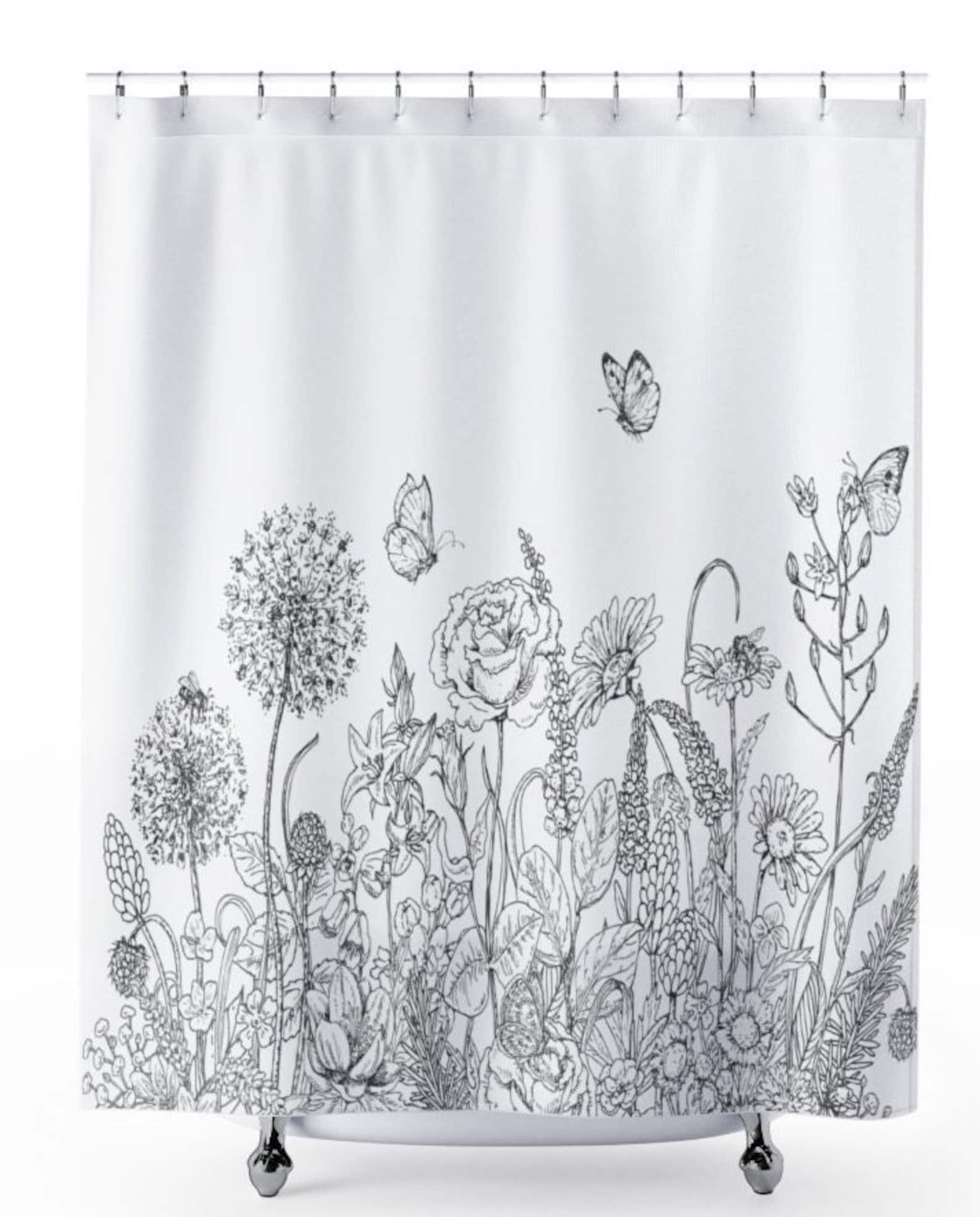 Black and White Floral Shower Curtain Wildflower Shower Etsy