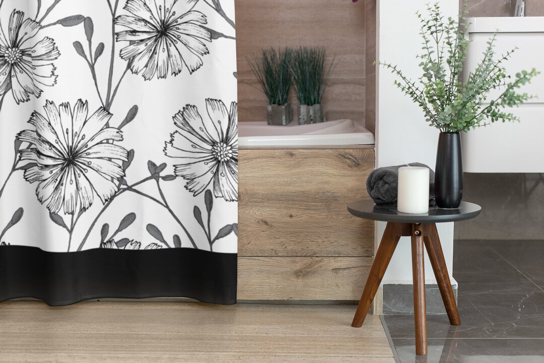 Black and White Shower Curtain Dark Floral Shower Curtain Etsy