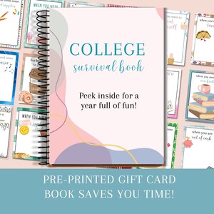May include: A spiral-bound "College Survival Book" with the text "Peek inside for a year full of fun!" and colorful illustrations. The book is surrounded by pages with various illustrations and text, including "When you need some school supplies."