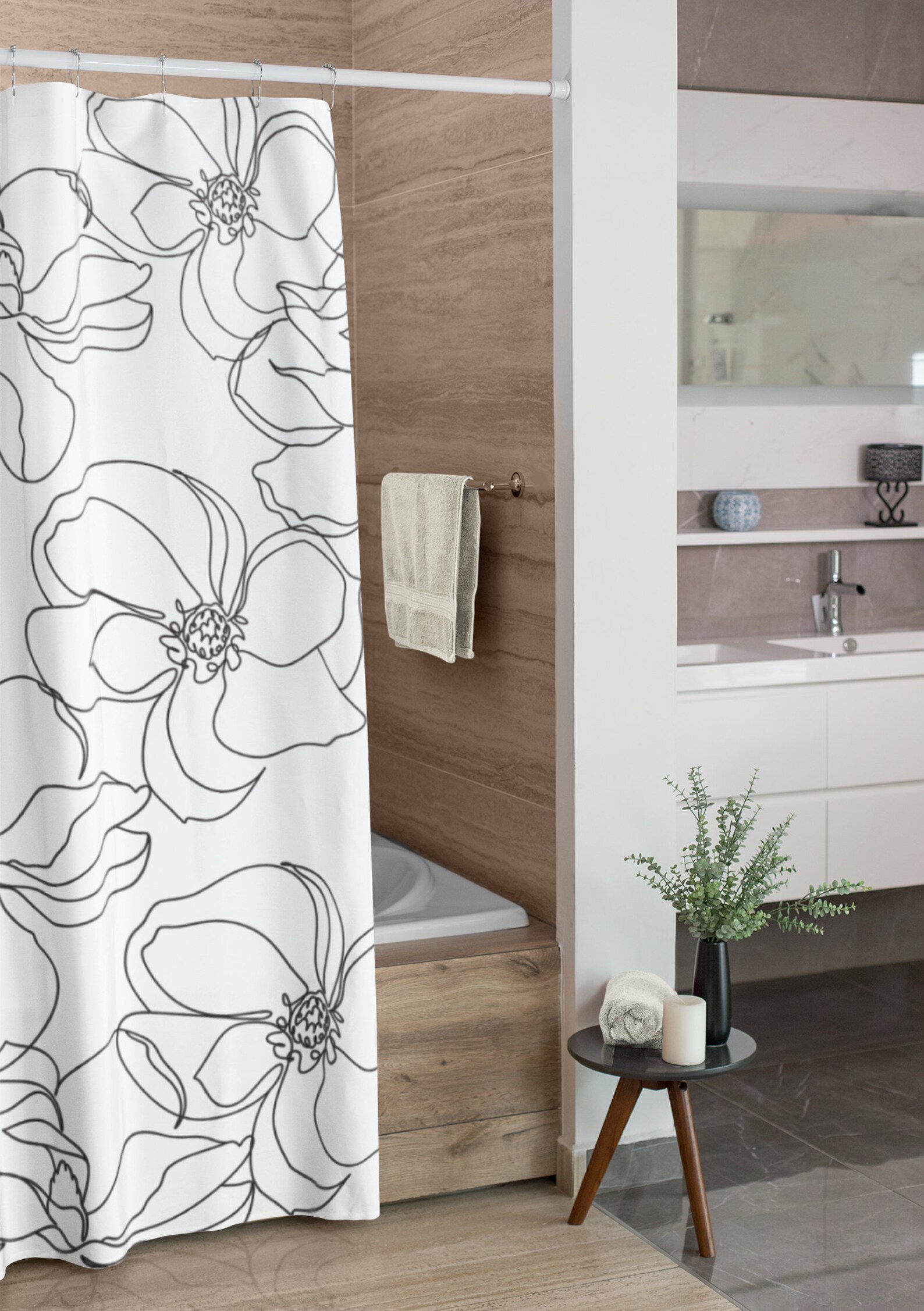 Black and White Floral Shower Curtain Magnolia Flower Home Etsy