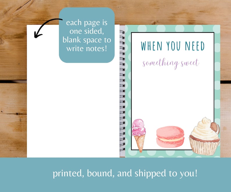 May include: A spiral-bound notebook with a teal cover featuring white polka dots. The right page reads "WHEN YOU NEED something sweet" with illustrations of an ice cream cone, a macaron, and a cupcake. The left page is blank.