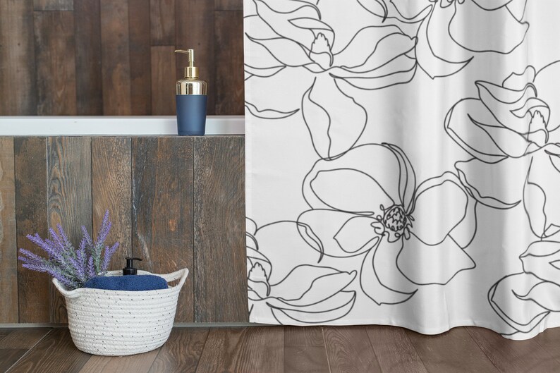 Black and White Floral Shower Curtain Magnolia Flower Home Etsy