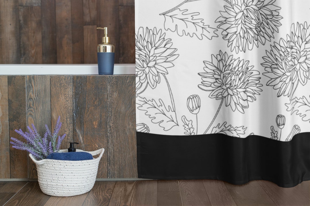 Black and White Shower Curtain, Black Floral Shower Curtain, Dandelion