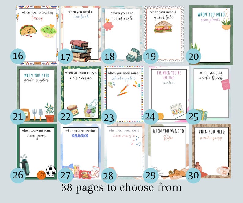 May include: A collection of 15 illustrated cards with various themes, including tacos, new books, plants, and snacks. Each card has a unique border and text, such as "When you're craving tacos" and "38 pages to choose from."