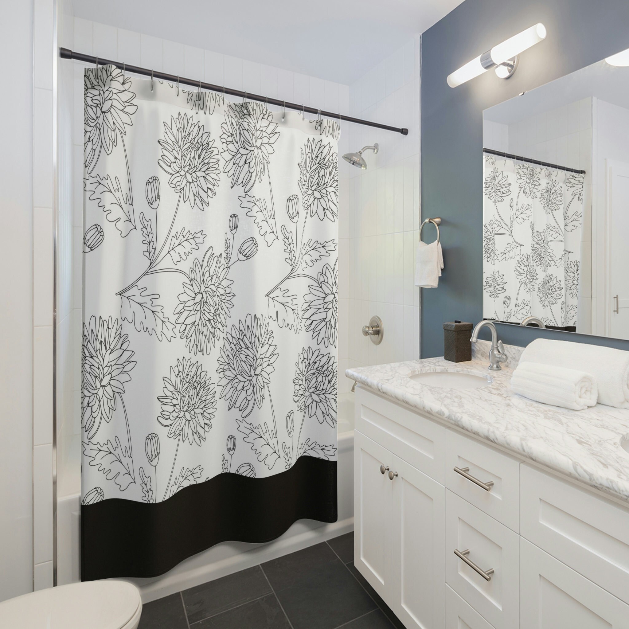 Black and White Shower Curtain, Black Floral Shower Curtain, Dandelion