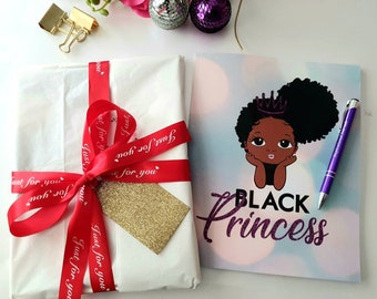 Black princess journal & pen: write in journals for girls + teens,  8 x 10 college ruled journal, positive quotes, self care, 75+ lined page