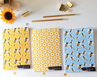 Dotgrid | lined | blank pages | honeybee notebooks | 6 x 9 | 75+ pages| Write | draw | sketch | bee theme images| set of 3 | Bee lovers |