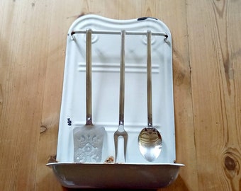 Kitchen utensil hanger chippy enamel  vintage French including stainless steel utensils