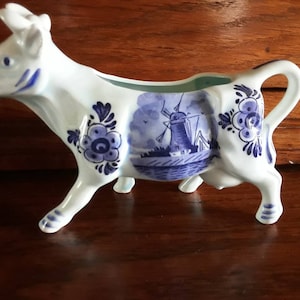 Vintage Delft Cow Creamer: Blue and White Windmill Porcelain