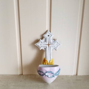 Faience Holy water font stoup sacred heart vintage French