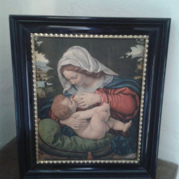 Medieval religious print on fabric, framed