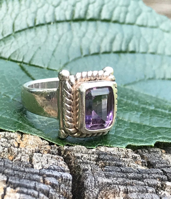 Bague Ancienne Améthyste Centrale Argent 925 - Uni-sexe, Style Art Déco, Très Bon état