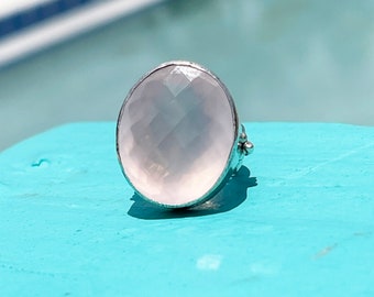 Vintage 925 Sterling Silver Rose Quartz Ring Cut Pink Gemstone Wide Band Ring Chunky Artisan Cocktail Ring Boho Size 6.5 US