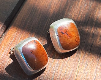 Rare Vintage Modernist Mexican Taxco Silver Earrings 925 Sterling Silver Onyx Inlay Domed Clip On Sterling Silver 925 Signed 18.91 g