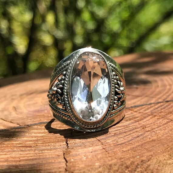 Sterling Silver 925 White Topaz Rare Vintage Ring With Flower  