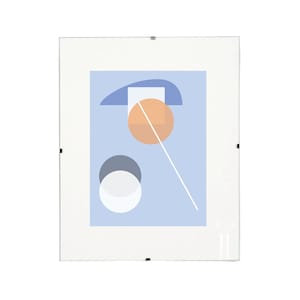 May include: A clear glass frame with a white mat and a geometric abstract print. The print features a blue background with a white, orange, and gray shapes.