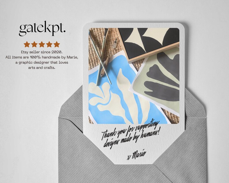 May include: A greeting card with abstract art prints in a gray envelope. The card features a blue and white floral design, a black and white geometric design, and a gray floral design. Text on the card reads "Thank you for supporting designs made by humans!"