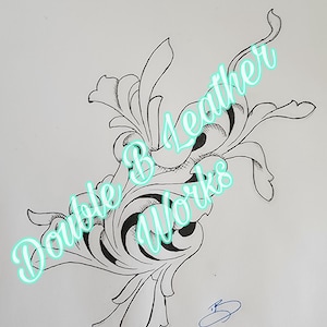 May include: A black and white line drawing of a stylised floral design. The design is intricate and features swirling lines and curves. The drawing is signed with the text "Double B Leather Works".