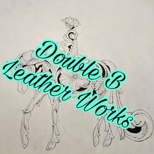 May include: Black and white line art drawing of a floral design with the text "Double B Leather Works" superimposed on the image.