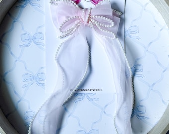 Lazo para el cabello de tul rosa con cuentas, pinza para el cabello con perlas, adorno para el cabello de boda, lazo para el cabello de comunión, tocado para niña de las flores, peinado de boda, lazo de bautizo