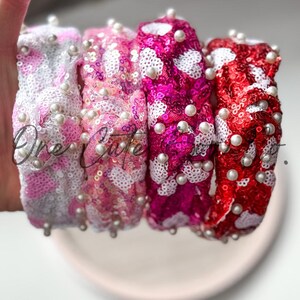 Beaded Headband for Women, Pearl Knotted Headband, Embellished Knotted Headband, Valentines Headband, Pearl Headband, Heart Sequin Headband